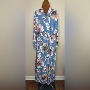 Day of Blossom Full Length Floral Blue Kimono Robe Tie Front Size M/L